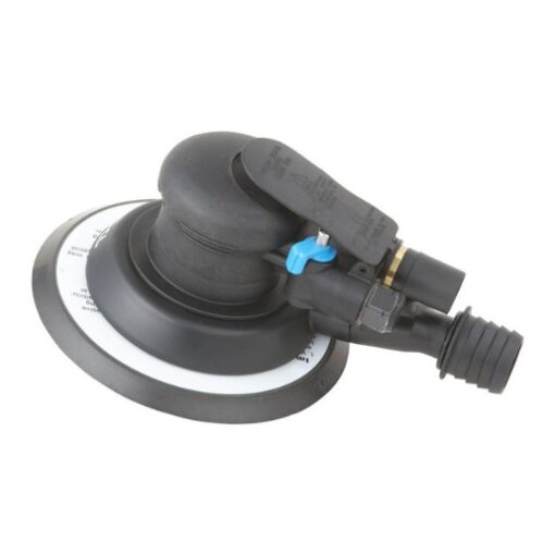 Product image of PCL's prestige air palm sander which is all black except for a white ring around the edge.