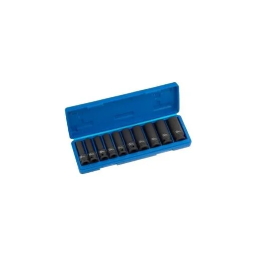 10 piece 1/2" deep impact socket set in a blue carry case