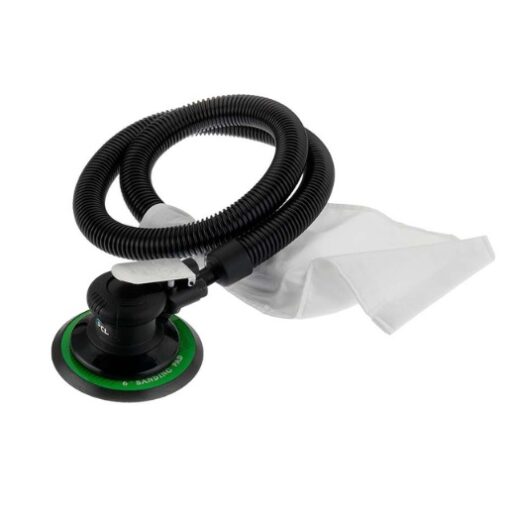 Product image of PCL's Random orbital air sander with the extraction hose and bag.