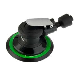 Image shows the head of PCL's Air Orbital sander which is black with a green ring running around the edge.