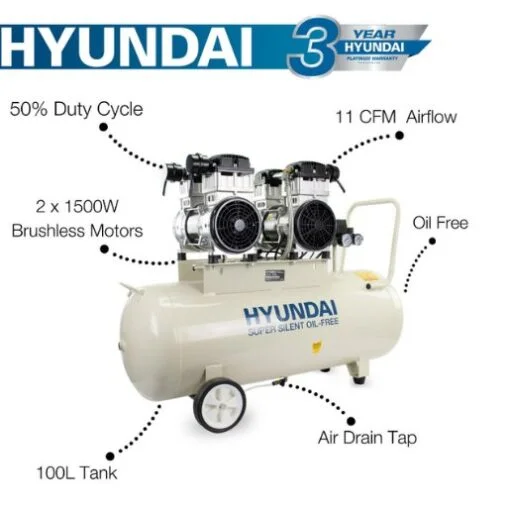 Hyundai Silent Air Compressor 4Hp | Oil Free | 100 Litre - Image 3