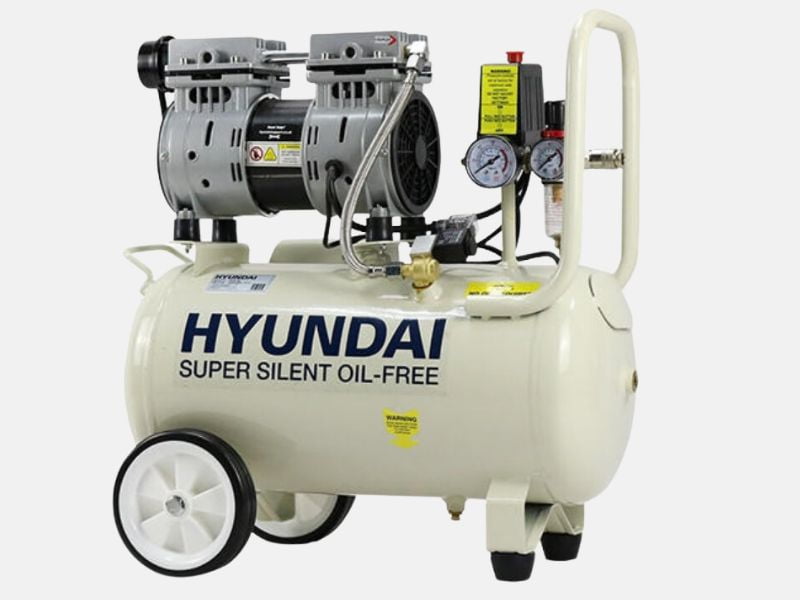 Product image of a super silent Hyundai air compressor which is portable with a cream coloured tank