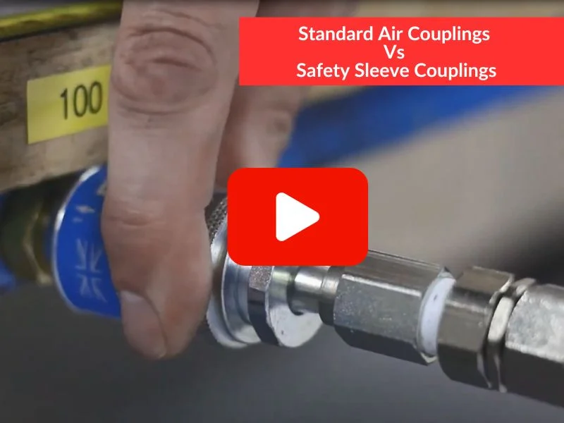 Video screenshot of a demonstration between the release of a standard air coupling and a safety sleeve coupling