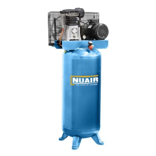 Product shot with a white background of the 150L vertical air compressor from Nuair which is turquoise