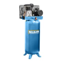 Product shot with a white background of the Nuair vertical 10 bar air compressor which is turquoise