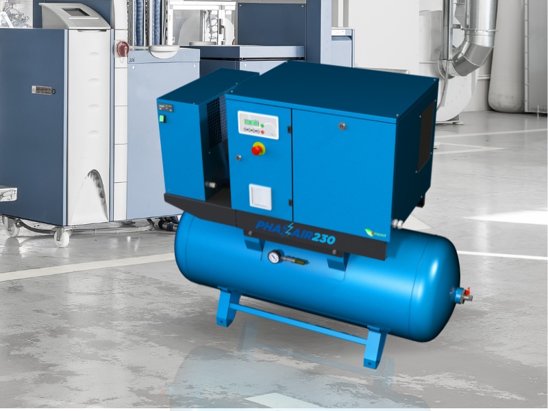 Big blue phaZair single phase screw compressor with built in air dryer, sitting on top of the receiver tank.
