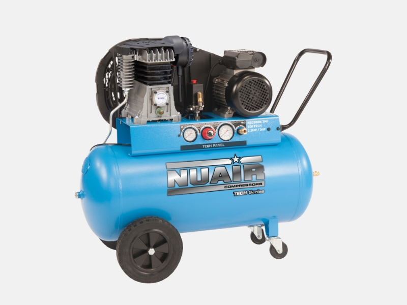 Blue direct drive portable Nuair Air Compressor with 2 wheels and a handle