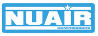 Blue and white brand logo for Nuair air compressors