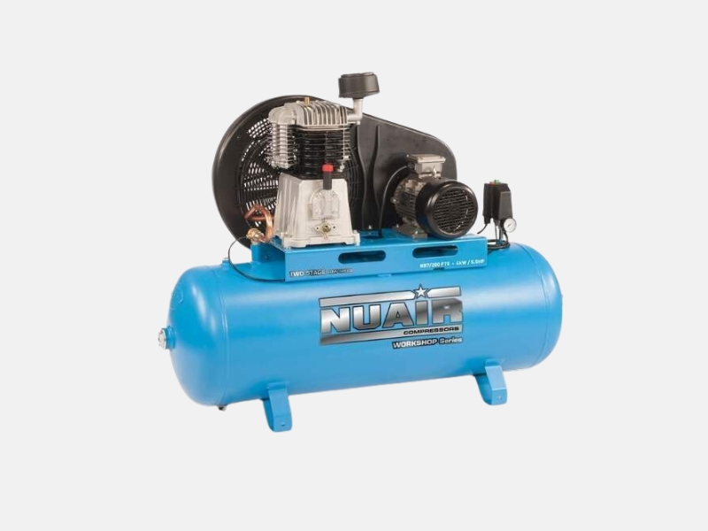 Image of a Nuair Static three phase compressor with a blue 200 litre tank