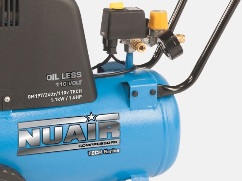 Zoomed-in image of the side of a Nuair air compressor which shows that it is a 24 litre model.