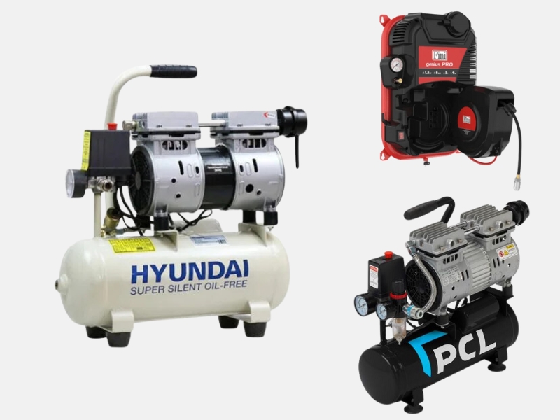 Three small compressors on a plain grey background. The compressors are the Hyundai silent 8 litre, the Black PCL 9 litre and the Fini Wall mounted compressor with hose.