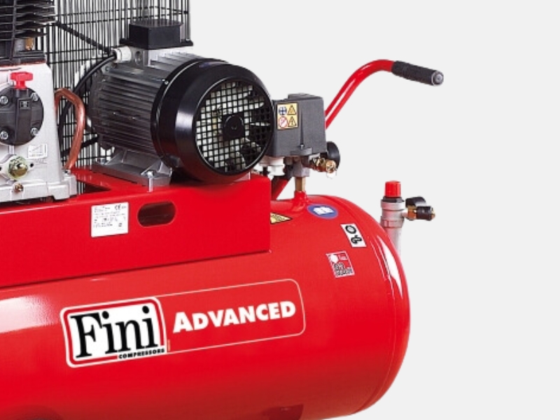 Close up look at the Fini 100 litre air compressor advanced range with red tank