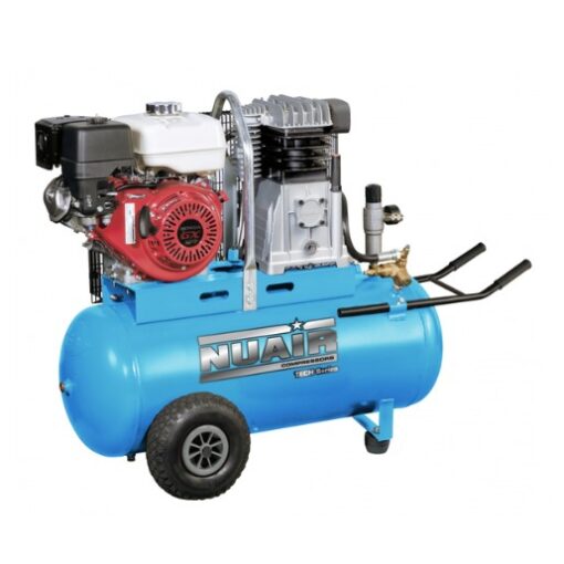 Product shot of the blue Nuair 100l portable Honda petrol compressor.