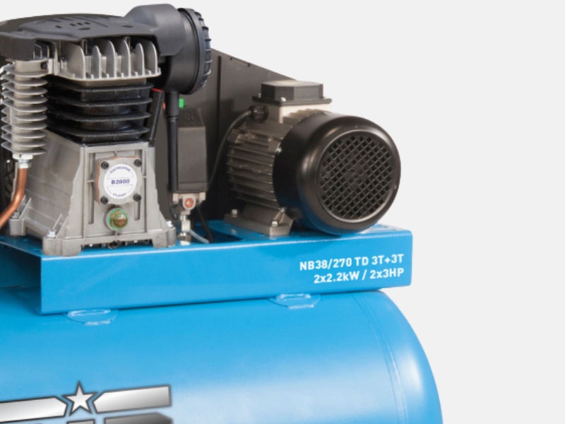 Close up image of the 270L tandem air compressor from Nuair