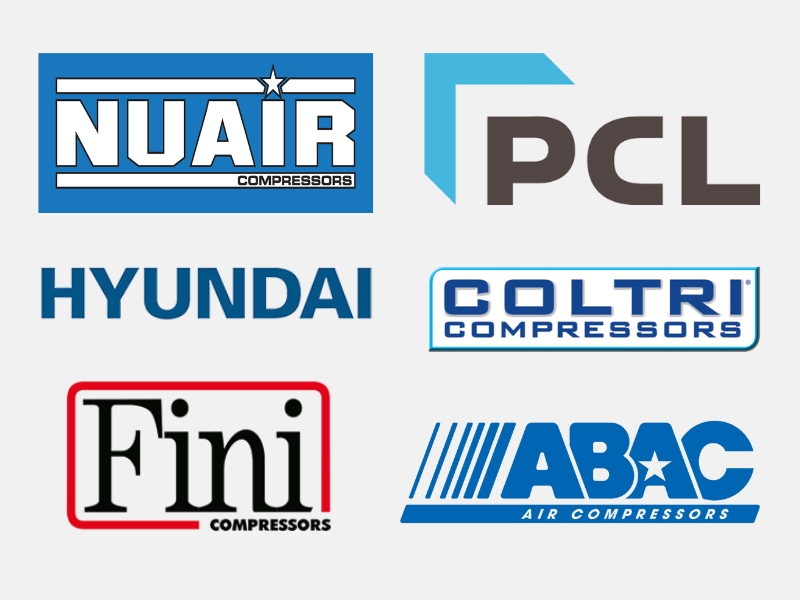 an image showing the different brands of air compressor that Metro Sales sell: Nuair, PCL, Hyundai, Coltri, Fini, Abac