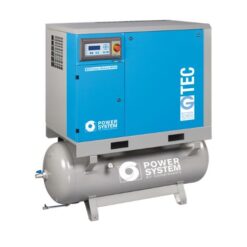 product shot with a white background of the 8 Bar G-TEC Compressor 10Hp which is housed in a turquoise cabinet and sits atop a grey 270 litre receiver tank.
