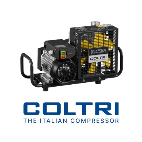 White background, high pressure square looking Coltri air compressor in a cage with a yellow fan.