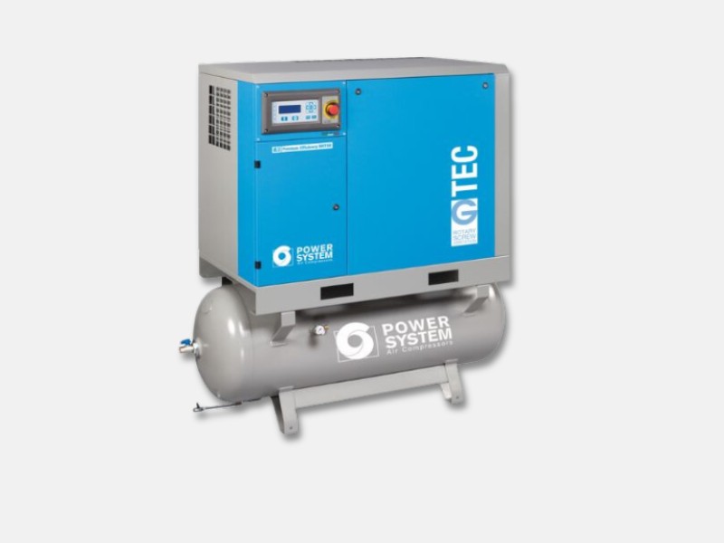 Product shot on the Industrial air compressor: G-Tec from Power systems which has a big blue cabinet sat on top of a grey receiver tank.