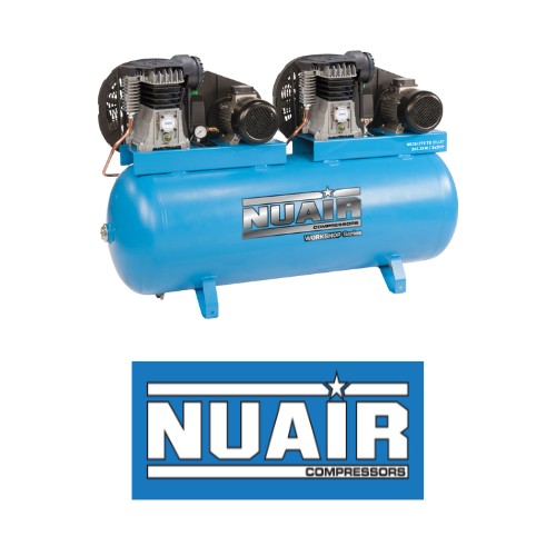 White background, image shows a light blue Nuair tandem compressor