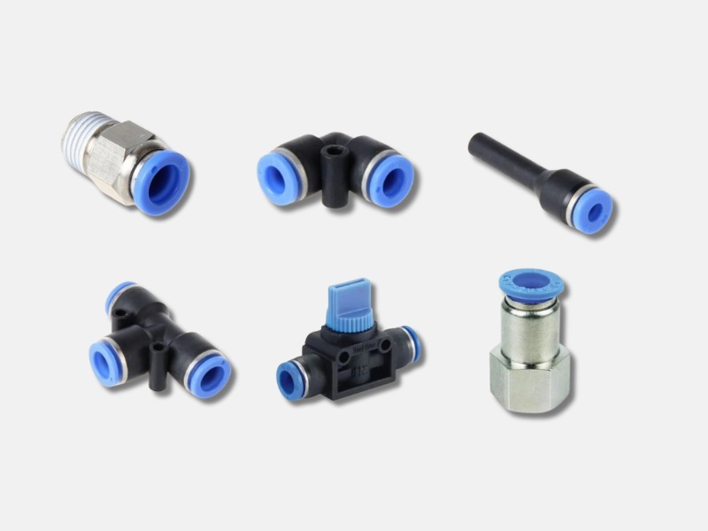 Image showing 6 of the different pneumatic push in fittings you can purchase from Metro Sales.