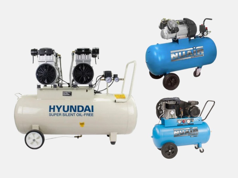 plain grey background with an image of 3 different 100 litre compressors.