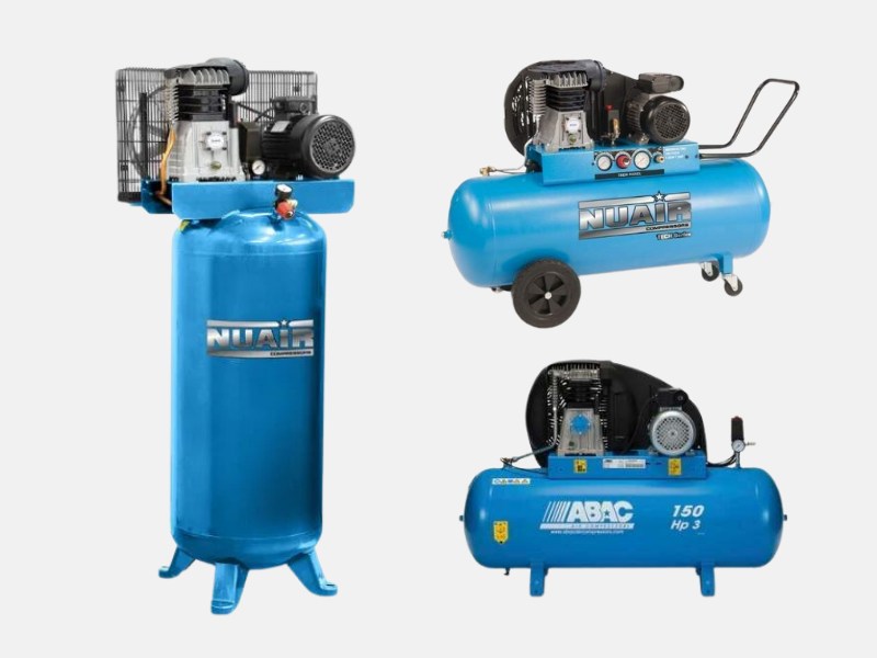 3 different 150 litre air compressors shown on a plain grey background. Compressors include vertical compressor and belt driven compressor.