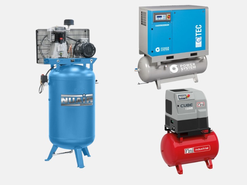 Blank grey background with a picture of 3 different types of 270 litre air compressors: a vertical compressor, an industrial compressor and a workshop compressor.