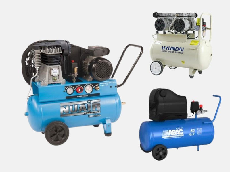 Pale grey background showing the 3 x 50 litre compressors. The biggest is the turquoise Nuair compressor with smaller images of the Hyundai and Abac 50L compressors