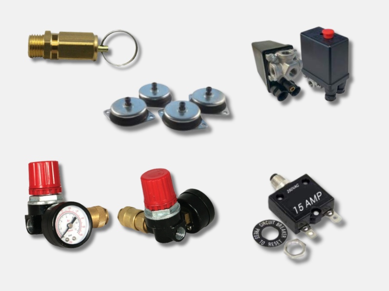 A plain grey background with lots of different air compressor parts shown in the image including spare pressure, spare safety valves and spare overload spares.