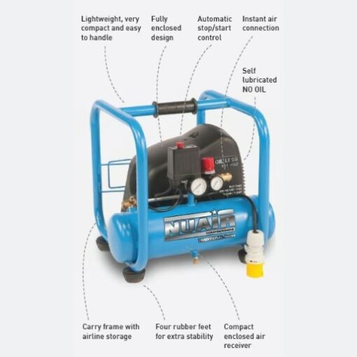 labelled image of the 6L Nuair roll cage compressor which points out carry frame, rubber feet and other features.