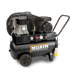 Product shot with a white background showing the Black Nuair 50L 110v air compressor with the Nuair logo in white at the side.