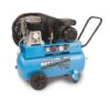 Product shot with a white background of the blue Nuair 50L 110v compressor which has a large black handle and wheels for easy portability.