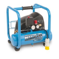 Image of the turquoise 6 litre Nuair compressor with a turquoise roll cage around the compressor. This features a black carry handle at the top.