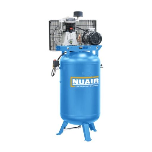 Product shot with a white background of a Nuair Vertical Workshop Compressor which is Turquoise and has the Wite Nuair logo on the side