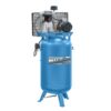 product shot of the Turquoise Nuair Vertical Workshop Compressor with belt drive in a cage sitting on top.