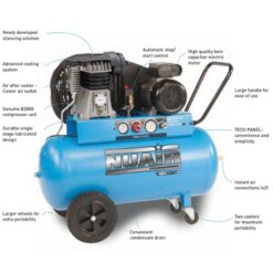 labelled features of the 50L 100v compressor from Nuair. Labelled parts include the air cooler and automatic stop/start button.