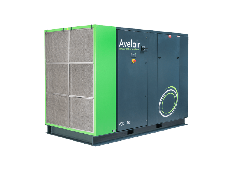 Dark and light green 110kw to 160kw Avelair air compressor on mounted base.