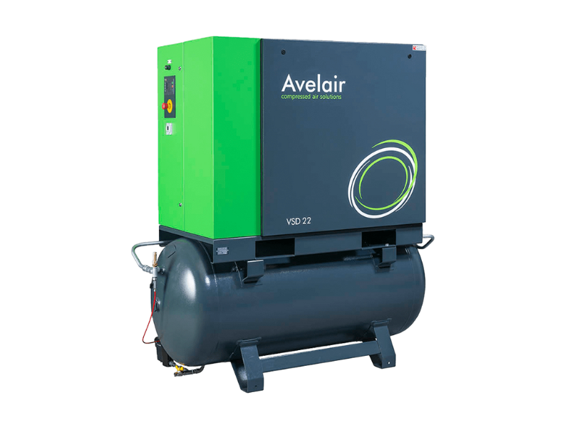 Dark and light green 15kw to 37kw Avelair air compressor mounted on a 660 litre tank.