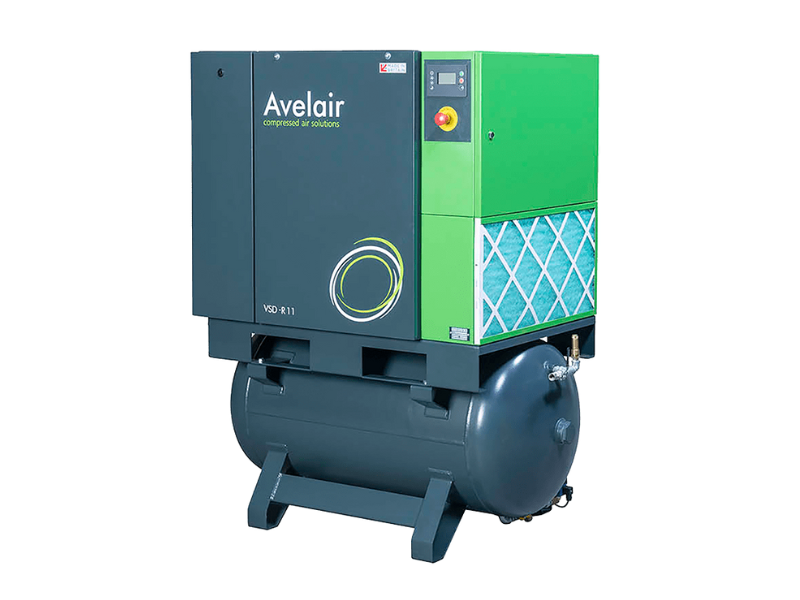 11kw to 15kw rotary screw compressor from Avelair mounted on a grey receiver tank.