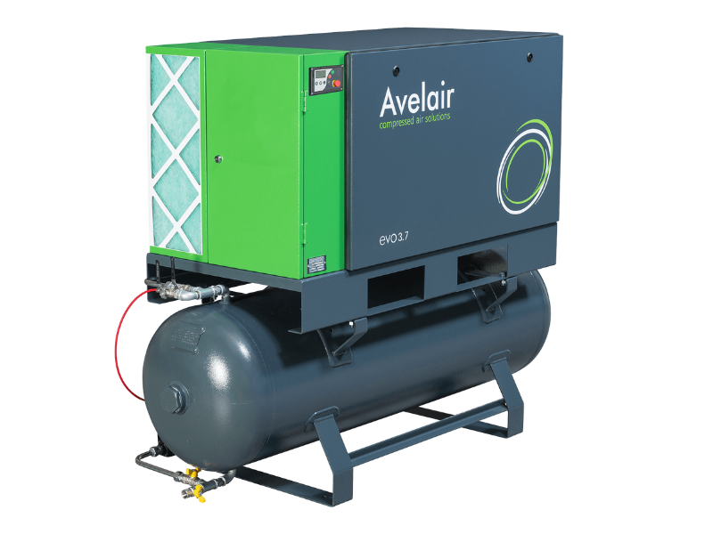 Avelair 2.2kw - 7.5kw compressor, shown here as a green and grey unit sitting on top of a grey receiver.