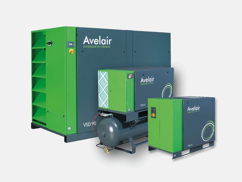 Image shows 3 different sizes of Avelair compressors including both stand alone and receiver mounted units - all in the dark and light green design.