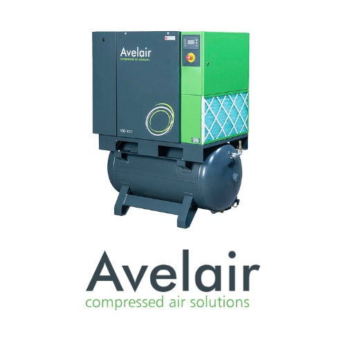 Dark green Avelair compressor sits on a receiver, the Avelair logo is shown underneath.