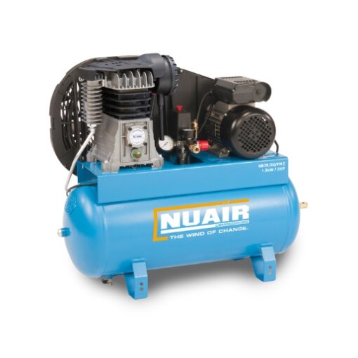 product shot with a white background of the 50 litre stationary workshop compressor from Nuair which has a turquoise tank and black enclosed belt drive.