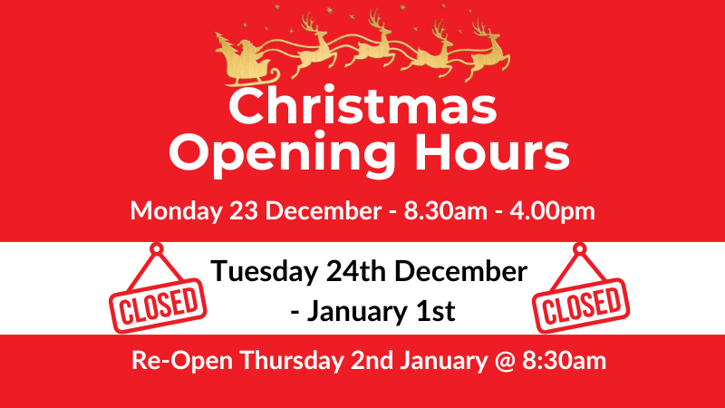 Metro Sales Christmas opening times. Open on Monday 23rd December 2024 at 8:30am until 4pm and then Closed from Christmas eve until New Years Day. We re-open on Thursday 2nd January 2025 at 8:30am.