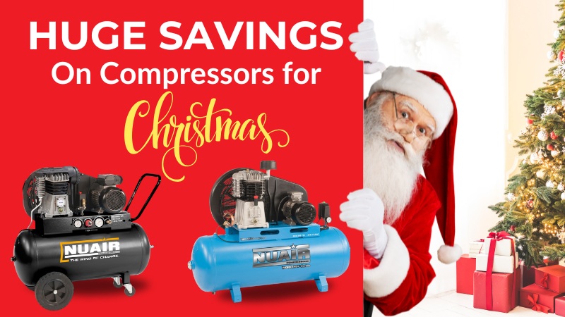 Red Banner which shows Santa peeking behind a red background showing the Nuair compressors that are on offer this Christmas