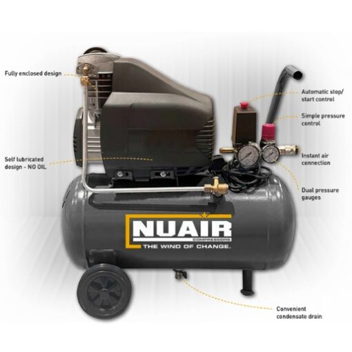 labelled features of Nuair's 50 litre oil-free compressor