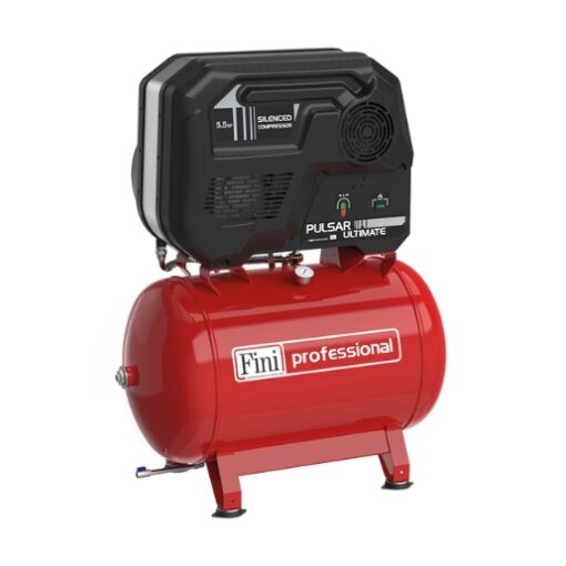 Product image with a plain white background of the Fini Pulsar 5.5Hp piston air compressor which sits atop a red 270 litre receiver tank.