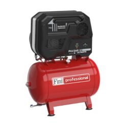 Product image with a plain white background of the Fini Pulsar ultimate 7.5Hp piston compressor with red receive tank which shows the white Fini logo with the air piston compressor sat on top.