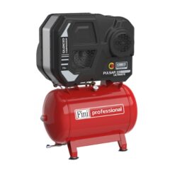 Product image with a plain white background showing the Red Fini Reciprocating piston air compressor with the words 'Fini Professional' on the side in white text. Thecompressor element sits atop the red tank and is of a similar size to the tank.