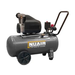 Product shot with a white background of Nuair's dark Grey 50 litre oil-free air compressor which has the Nuair logo on the side in white text.